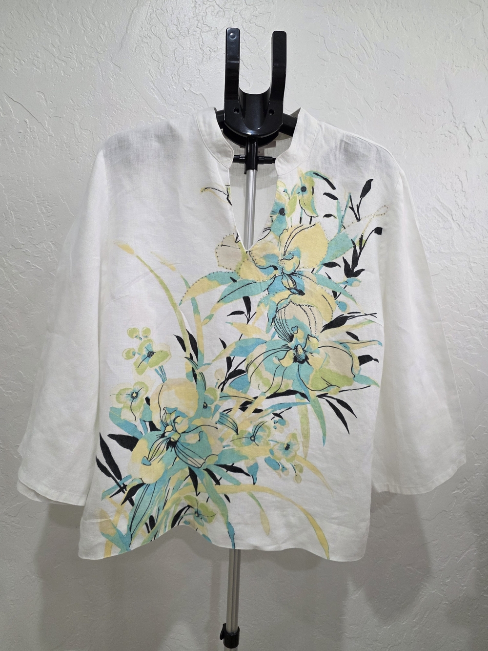 JM Collection White Floral Keyhole Neck Blouse with Yellow & Teal Print